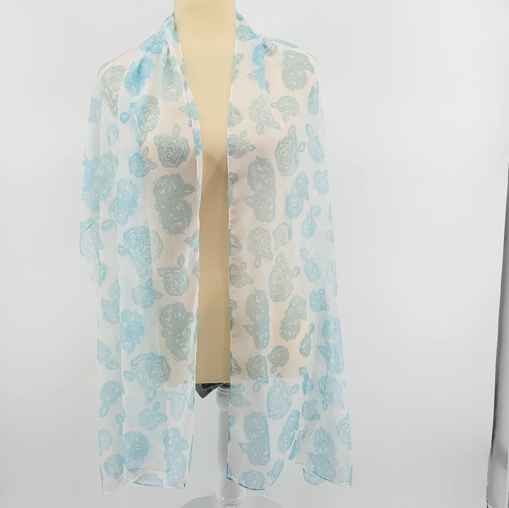 New York & Co Blue Rose Print Sheer Oblong Scarf Floral Wrap 70